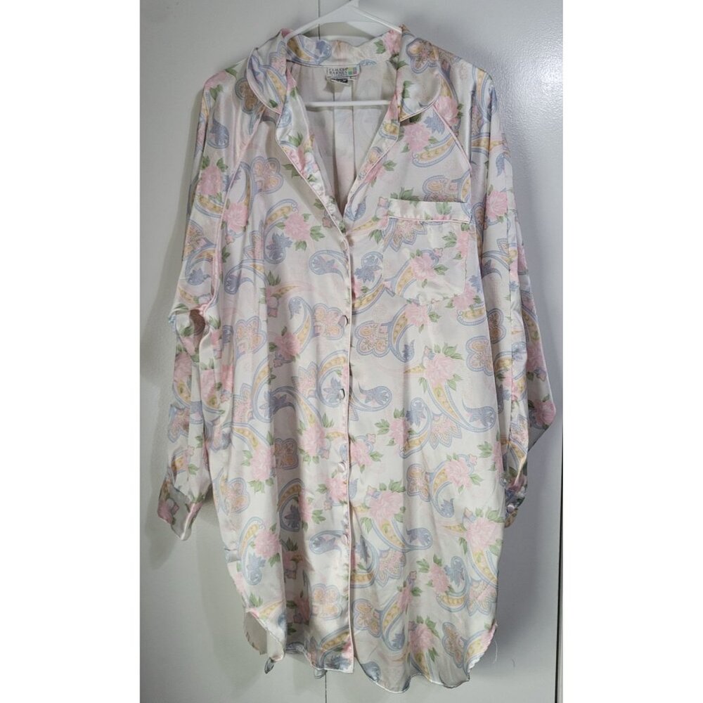 VTG Claudia Barnes Satin Flannel Lined Sleep Shirt Button Down Nightgown LG